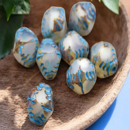 *15* 10x8mm Turquoise Washed White Opal PicassoFaceted Bicone Beads {3}