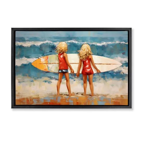 Stupell Industries Siblings with Surfboard Framed Floater Canvas Wall Art Design by Petal Prints Design {7}