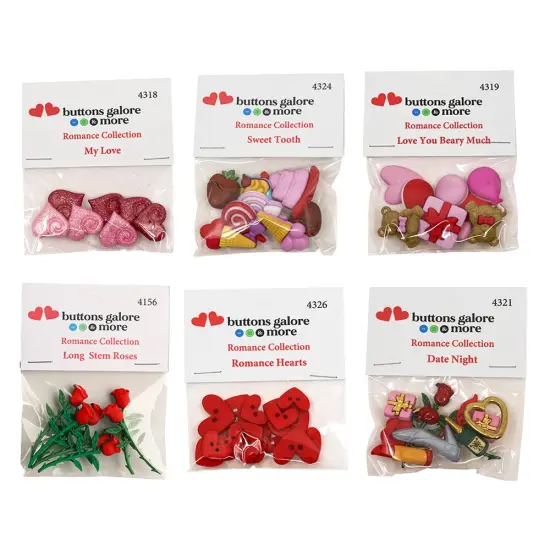 Buttons Galore Romance Button Assortment – 50+ Valentine’s Day Buttons for Sewing & Crafts – 6 Packs of Heart, Rose, Teddy Bear, and Treat Designs {1}