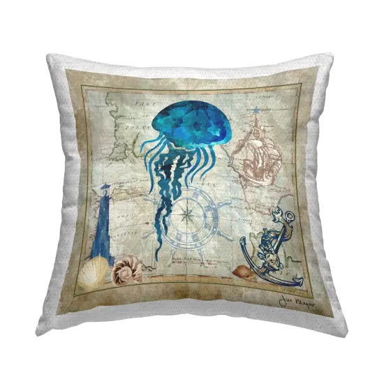 Jellyfish & Maritime Map Design by Jill Meyer Outdoor Printed Pillow  {1}