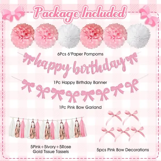 Pink Bow Birthday Party Decorations, Coquette Bow Light Pink and White Confetti Long Balloons Happy Birthday Banner Fringe Curtain Tassel Pompoms for Women Girls Theme Baby Shower Party Decorations {2}