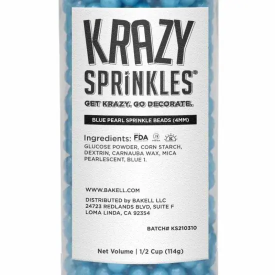 Krazy Sprinkles - Blue Pearl 4mm Beads (1/2 Cup, 1x Jar) for Cakes, Ice Cream & Cookies {5}