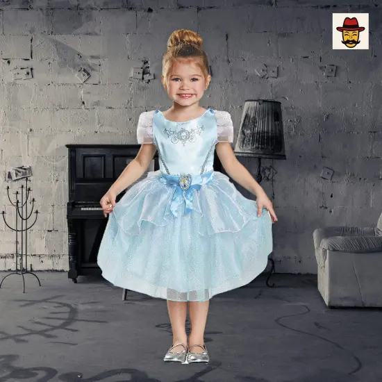 Girls Disney Cinderella Costume Blue Satin Dress Tulle Skirt Character Cameo {5}