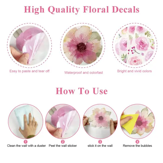 AOWDIAO 60 Pcs Flower Peel and Stick Wall Decals Watercolor Vinyl Peony Floral and Leaves Wall Stickers Pastel Flower Decor for Girls Bedroom Nursery Classroom Living Room {3}