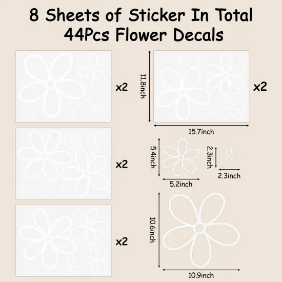 A1diee 8Pcs White Daisy Wall Sticker in Total 44 Pieces Vinyl Cute Flower Art Aesthetic Transparent Vinyl Peel and Stick Wall Decor for Christmas Window College Dorm Bedroom Living Room Decoration {4}