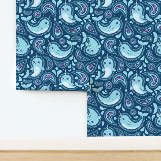Pre-Pasted Wallpaper 2FT Wide Ocean Life Narwhal Paisley Marine Novelty Blue Pink Sea Kid Large Scale Custom Pre-pasted Wallpaper by Spoonflower {2}