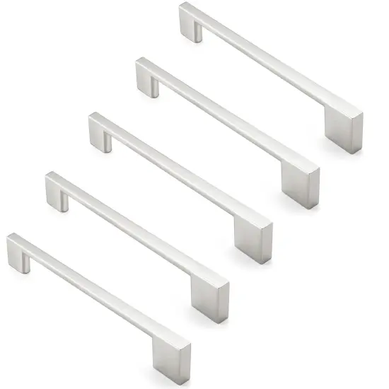 Cauldham Solid Kitchen Cabinet Pulls Handles (6-5/16" Hole Centers) - Modern Thin Profile Drawer/Door Hardware - Style M255 - Satin Nickel {3}