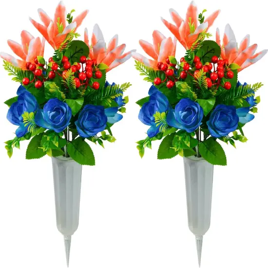 Artificial Cemetery Flowers for Grave, Set of 2 Artificial Flowers Bouquet Memorial Flowers with Vase for Outdoor Cemetery Headstones Graveyard Gravestone Decoration {1}