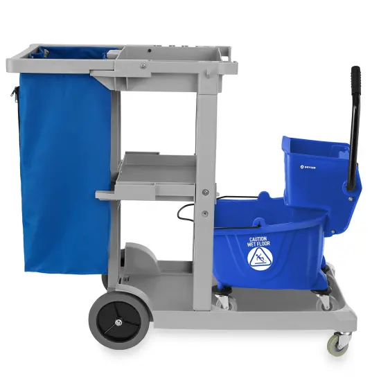 Dryser Commercial Janitorial Cleaning Cart on Wheels with Shelves and Vinyl Bag & Commercial Mop Bucket with Side Press Wringer, 26 Qt. Blue {2}