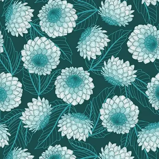 Dark Teal Dahlias at Dusk Dahlias Cotton 44"/45" Fabric Per Yard {1}