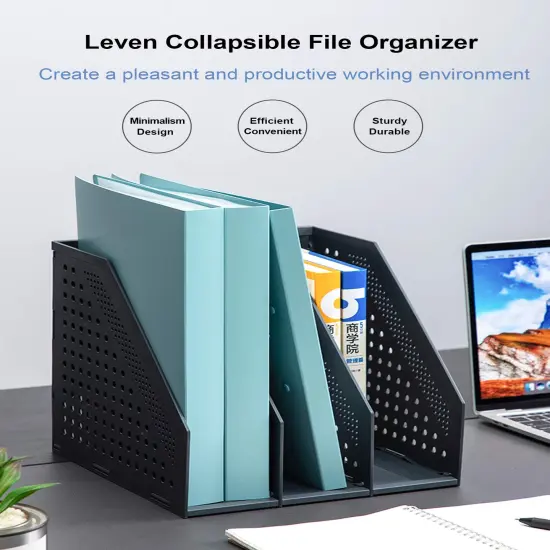 Leven Collapsible Magazine File Holder/Desk Organizer for Office Organization and Storage with 3 Vertical Compartments, Dark Grey, {3}