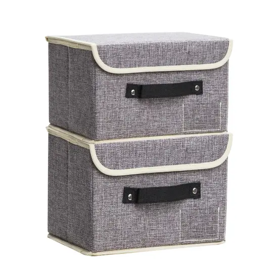 Small Storage Bins with Lids 2 Pack Linen Collapsible Cube Storage Basket with Handle, Jane's Home Foldable Fabric Storage Box with lids for Clothes Closet, Ornament Grey {2}