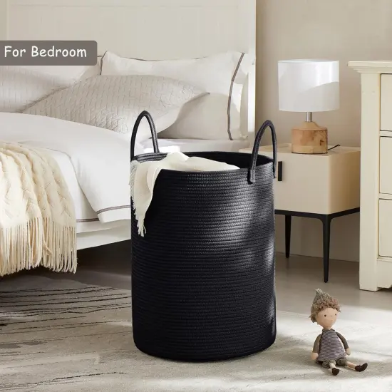 Black Woven Rope Laundry Basket Hamper for Clothes Tall Modern Blanket Storage Basket in Living Room Bedroom {2}