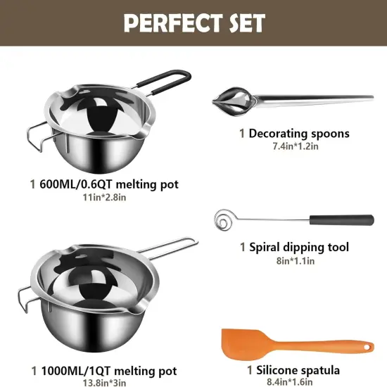 5pcs Double Boiler Melting Pot Set - 600ML/0.6QT and 1000ML/1QT Chocolate Stainless Steel Melting Pot, Decorating Spoons, Silicone Spatula and Dipping Tool for Melting Chocolate, Candy, Soap {2}
