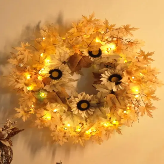 26 Inch Fall Wreath with 6FT Pumpkin Maple Leaf Lights {2}