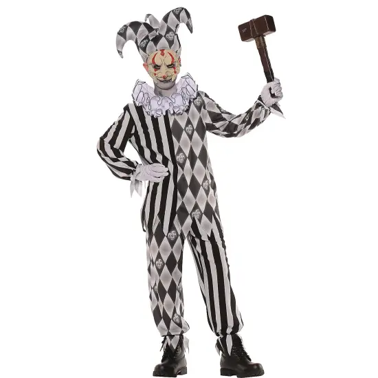 Boy&rsquo;s Evil Harlequin Costume, Scary Halloween Outfit with Ragged Tunic, Pants, Collar, and Hat {1}