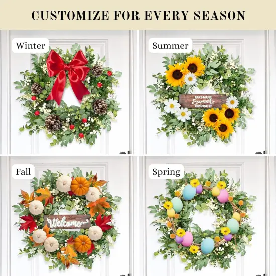 Artificial Eucalyptus Leaf, Boxwood Wreath with Berries, 24 Inches, Indoor/Outdoor, Spring Greenery {1}