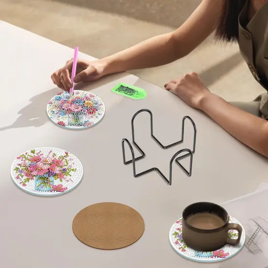 Diamond Painting Coasters Kits with Holder, Colorful Flowers Diamond Art Coasters for Adults Beginners 5D DIY Diamond Coasters, Diamond Art Painting Kits Craft Supplies {4}