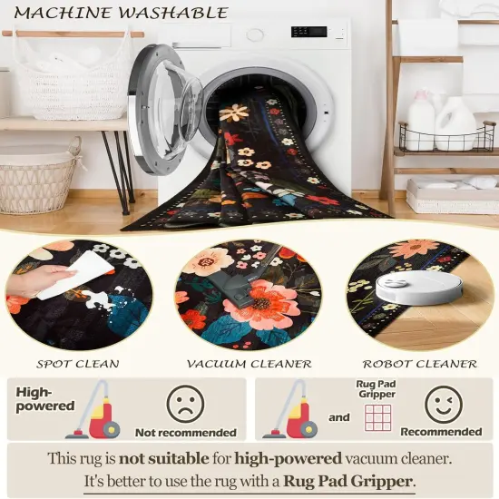 Spring Floral 5x7 Area Rug Machine Washable Boho Carpet Non Slip Doormat Low Pile Flower Area Rugs for Living Room Bedroom Kitchen Dining Room Hallway Entryway Indoor-Black {3}