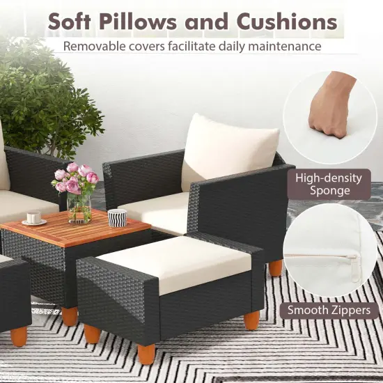 Costway 5 PCS Patio Furniture Set with Storage Table Ottomans Soft Pillows & Cushions {5}