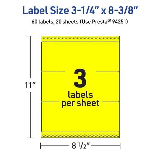 Avery Neon Yellow Paper Labels, 3-1/4" x 8-3/8" Rectangle {5}