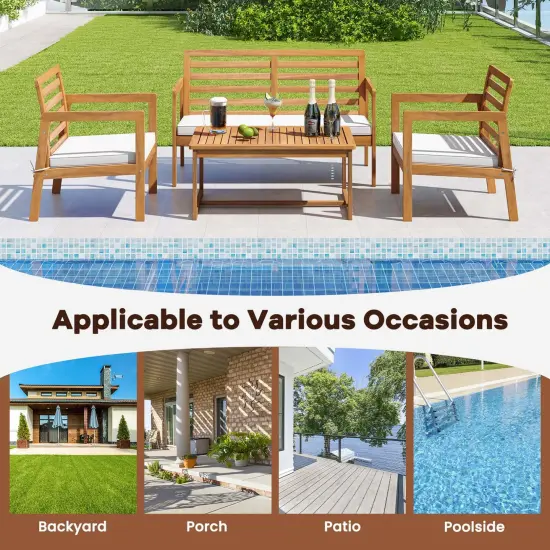 Costway 4 PCS Wood Patio Furniture Set with Soft Seat Cushions Solid Acacia Wood Frame {6}