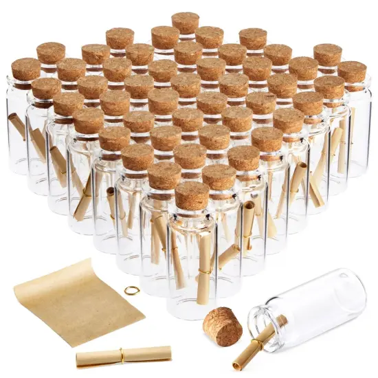 Bright Creations 48 Pack 10ml Create A Message In A Bottle Kit, Bulk Small Glass Cork Bottles with Mini Scrolls for Time Capsules, Wedding Favors Clear {1}
