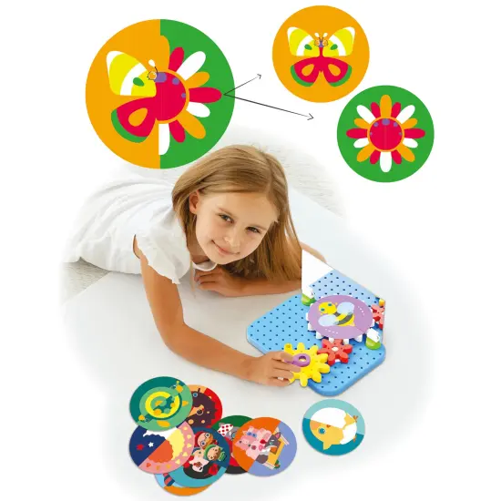 Quercetti: Mirrorello - Gear Assembly Game Toy, Turn The Crank, Double-Sided Discs, Mirror Illustrations, Explore Patterns, STEM Building Toy, Kids 4+ {4}
