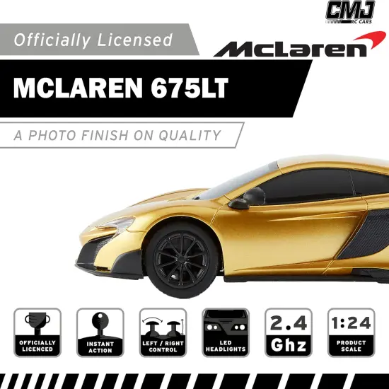 CMJ RC Cars: McLaren 675LT - Gold - 1:24 Scale, Remote Control Radio Vehicle, 2.4 Ghz, LED Headlights, Indoor-Outdoor Racing Toy, Licensed Model {4}