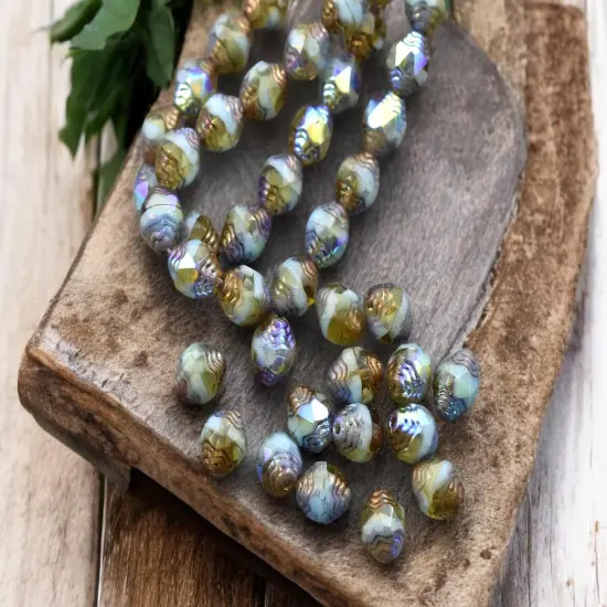 *15* 6x8mm Bronze Washed Blended Turquoise Topaz AB Oval Cathedral Beads {4}