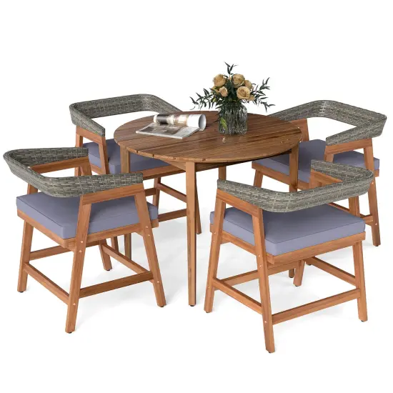 Costway 5 Piece Patio Dining Set Outdoor Solid Wood Furniture with Rattan Backrest {2}