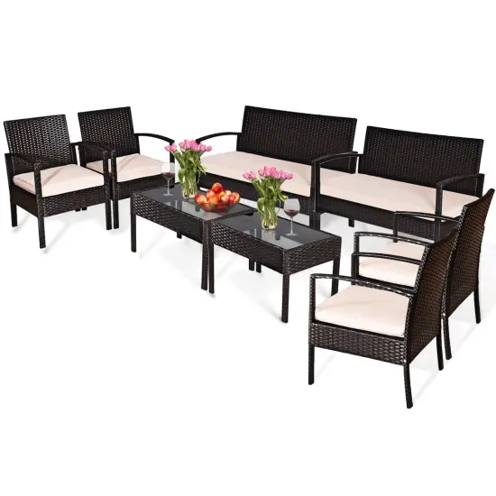 Costway 8PCS Patio Rattan Conversation Furniture Set Cushioned Seat Glass Table {4}