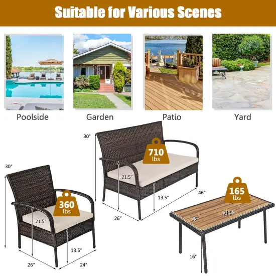 Costway 4PCS Patio Rattan Furniture Set Outdoor Conversation Set Coffee Table w/Cushions {3}