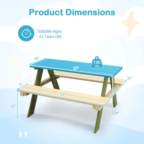 Costway Kids Wooden Picnic Table Set Solid Dining Table with Built-in Benches for Patio {3}