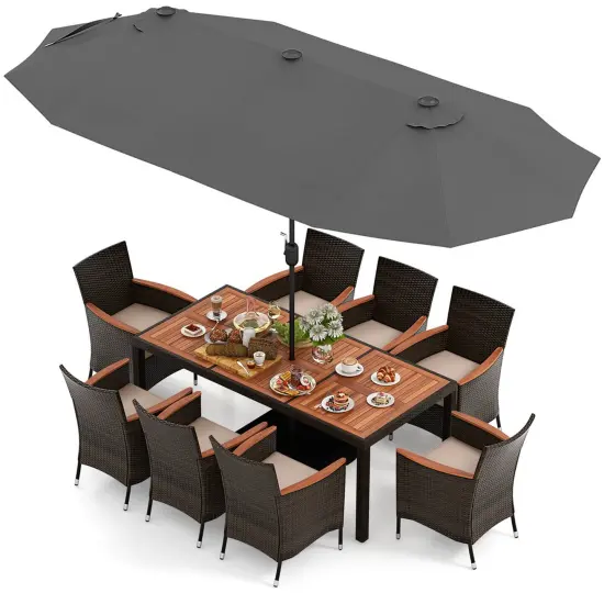 Costway 11 PCS Patio Dining Set with 15ft Double-Sided Patio Umbrella (Base Included) Beige/Coffee/Navy/Orange/Wine/Grey {4}