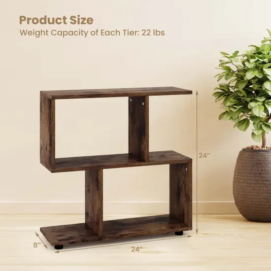 Costway 2-Tier Bookshelf Free Standing Wooden Display S-Shaped Shelf Storage Rack Black/Brown {3}
