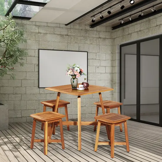 Costway 5PCS Acacia Patio Dining Set W/Square Table & 4 Stools Reddish Brown {4}