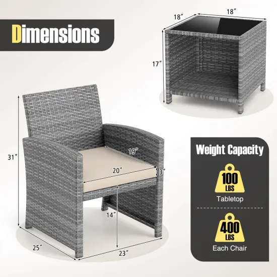 Costway 3 PCS Patio Furniture Set with Tempered Glass Coffee Table & Soft Seat Cushions Gray/Black/White {3}