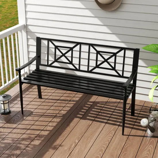 Costway Patio Garden Bench Steel Frame Park Yard Outdoor Furniture Porch Chair Black {4}