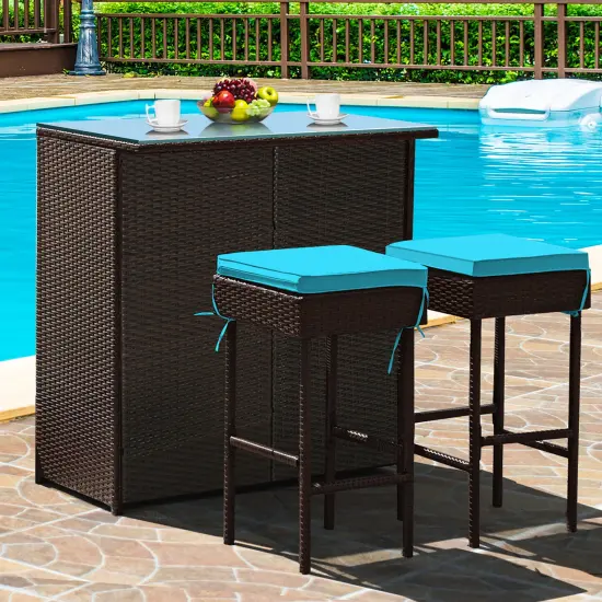 Costway 3PCS Patio Rattan Wicker Bar Table Stools Dining Set Cushioned Chairs Turquoise {1}