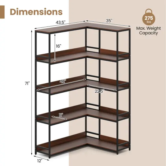 Costway Corner Bookshelf 5-Tier L-Shaped Bookcase 71" Tall Etagere Bookshelf with Metal Frame Brown/Gray {3}