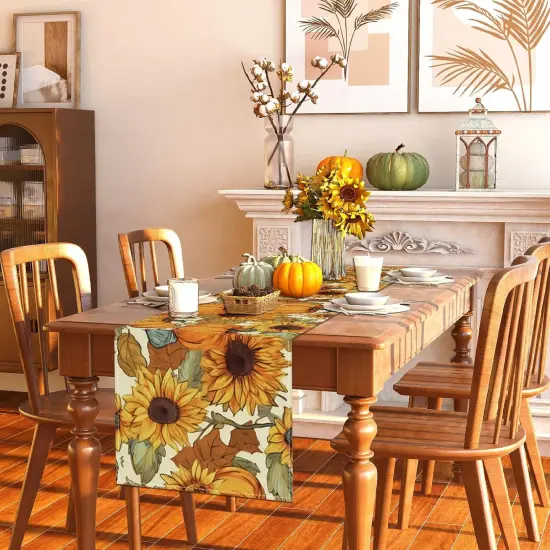 Linen Watercolor Pumpkin Sunflower Fall Table Runner -13&times;72'' {5}