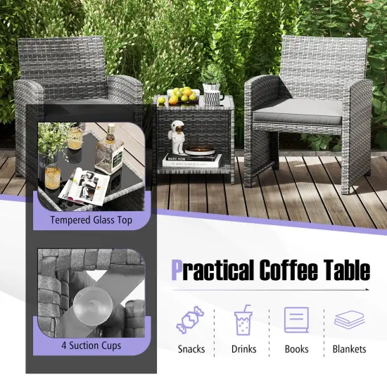 Costway 3 PCS Patio Furniture Set with Tempered Glass Coffee Table & Soft Seat Cushions Gray/Black/White {11}