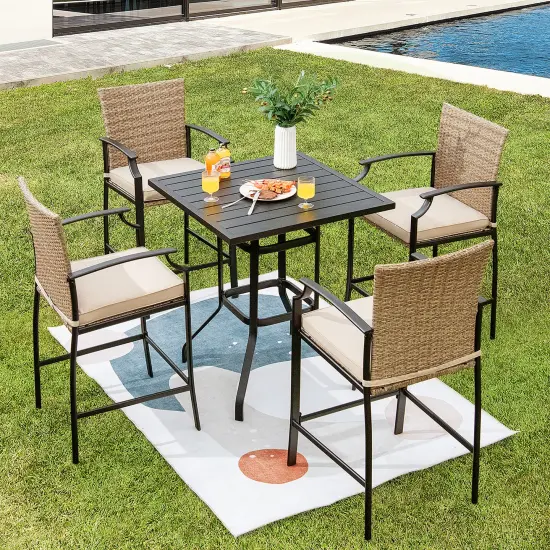 Costway 4PCS Patio Rattan Bar Stool Chairs Cushioned Seat Footrest & Armrest {2}