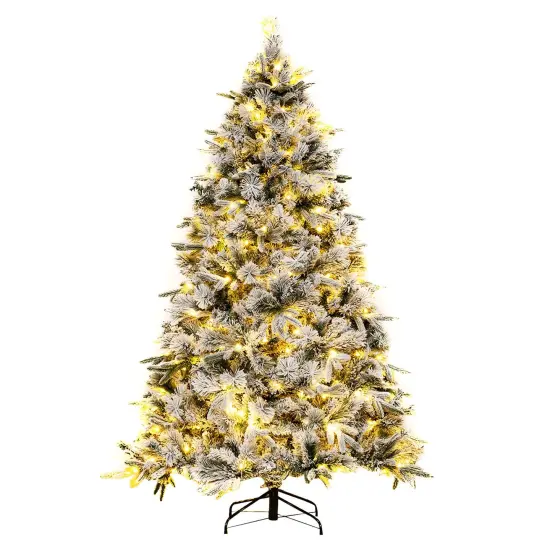 Costway 6/7 FT Pre-Lit Flocked Christmas Tree Hinged Xmas Decoration with 250/300 LED Lights {2}