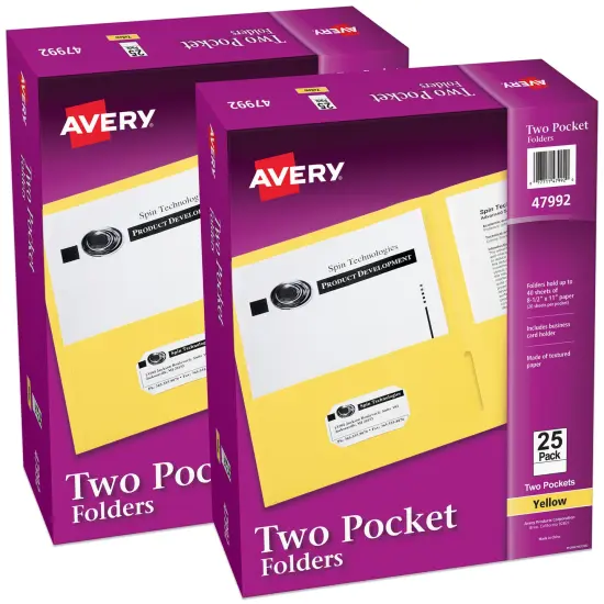 Avery Two Pocket Folders, Holds up to 40 Sheets, Business Card Slot, 25 per Pack, 2 Packs, 50 Yellow Folders Total (01674) {1}