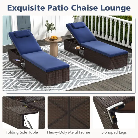 Costway 1/2 PCS Patio Chaise Lounge with 6-level Backrest Comfy Seat Cushion & Headrest Backyard Navy {6}