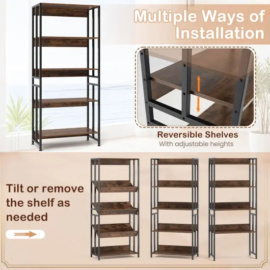 Costway 1/2 PCS 5 Tier Bookshelf 62" Tall Bookcase with Tiltable Shelves Display Storage Rack {4}