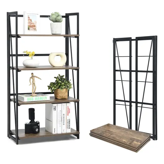 Costway 4-Tier Folding Bookshelf No-Assembly Industrial Bookcase Display Shelves {1}