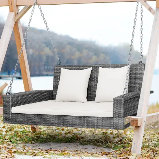 Costway 2-Person Patio PE Wicker Hanging Porch Swing Bench Chair with Cushion {9}
